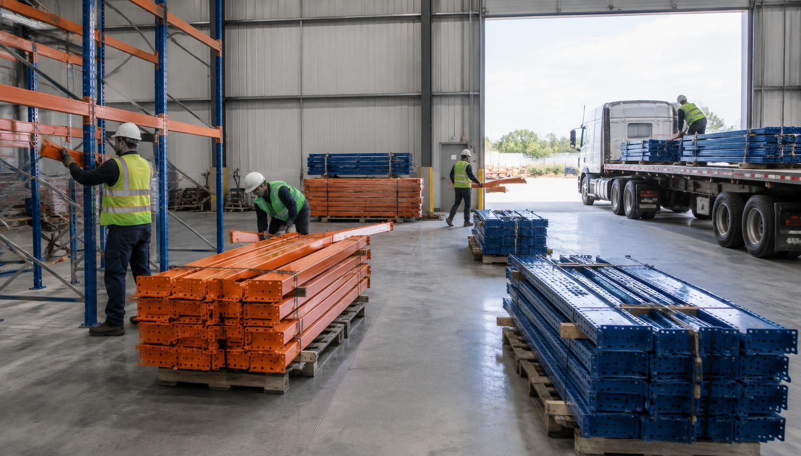 Crew tearing down and bundling pallet rack for a warehouse relocation