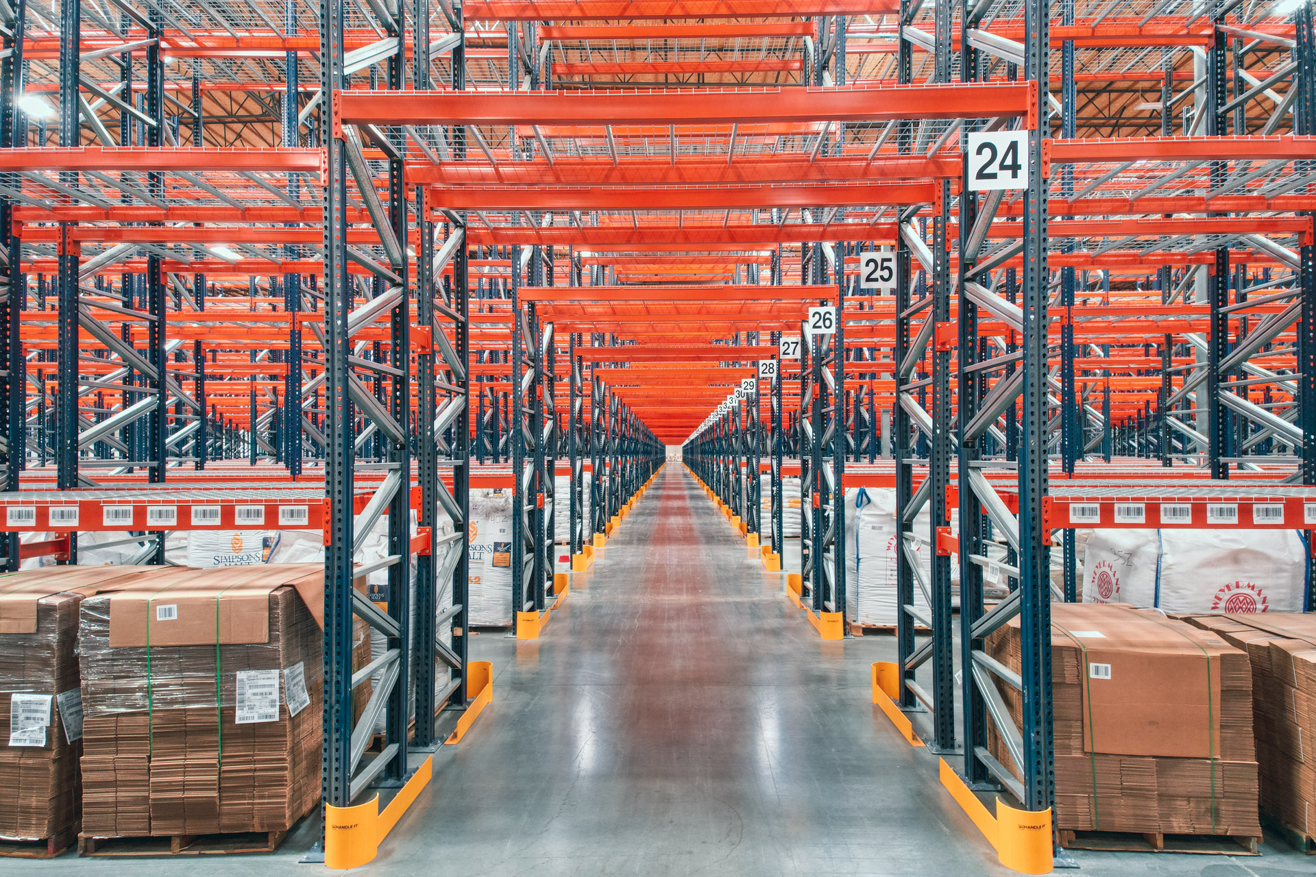 Reinstalled pallet rack aisle in a warehouse